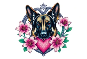 realistic german shepherd with alert ears looking protective surrounded by pink lilies with leaves in front of a serpent sacred heart tattoo idea