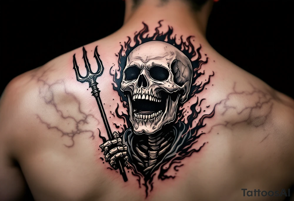 laughing skeleton with a trident, surrounded by fire and water tattoo idea