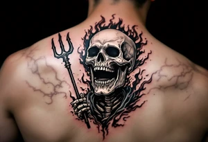 laughing skeleton with a trident, surrounded by fire and water tattoo idea