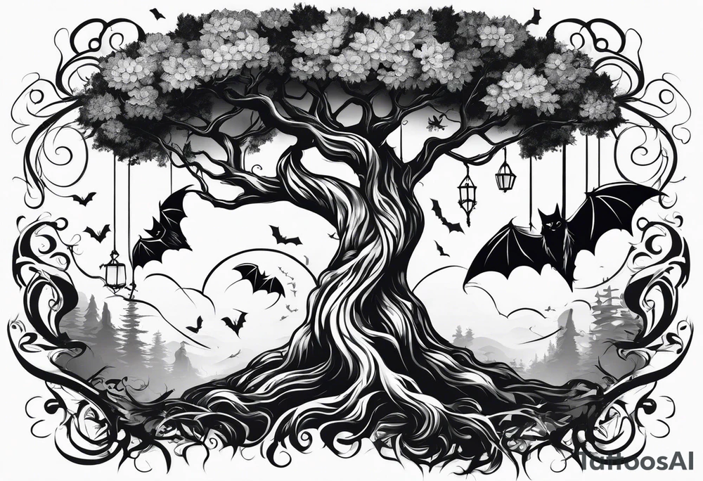poison tree with wind and bats tattoo idea
