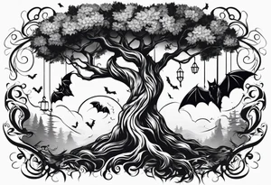 poison tree with wind and bats tattoo idea