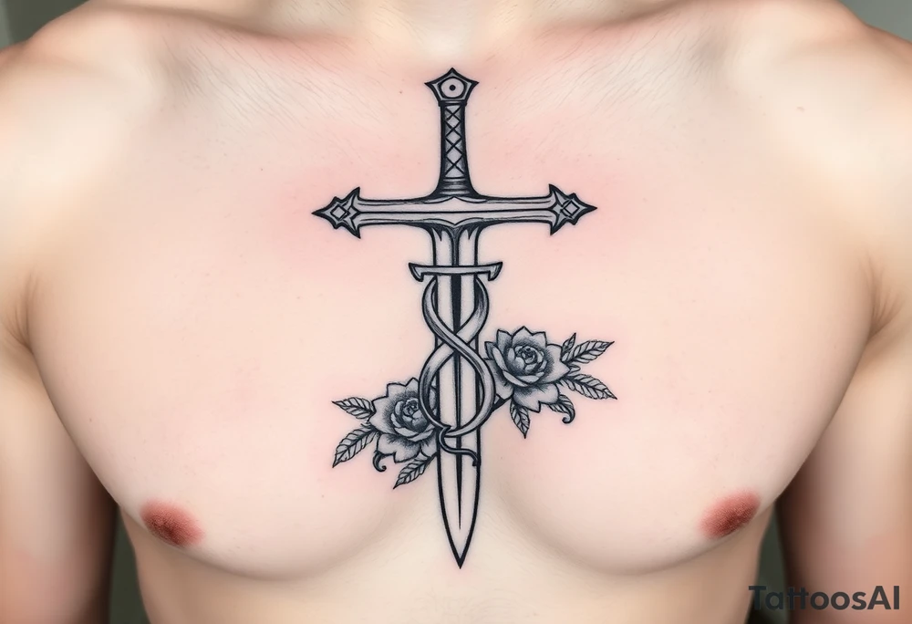 A gothic cross with a sword tip on the bottom going through an infinity sign and has roses and vines growing around tattoo idea
