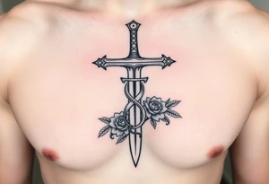 A gothic cross with a sword tip on the bottom going through an infinity sign and has roses and vines growing around tattoo idea