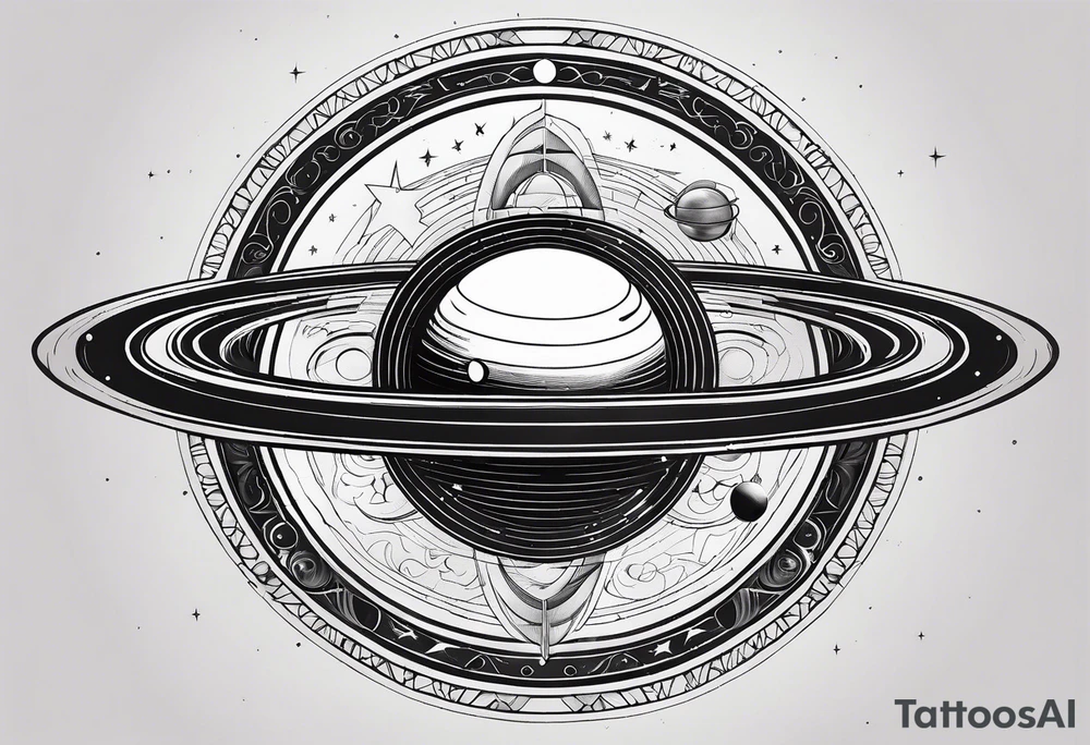A tattoo with Saturn at the center surrounded by intricate linguistic symbols, reflecting the client's interests in cosmology and linguistics. tattoo idea