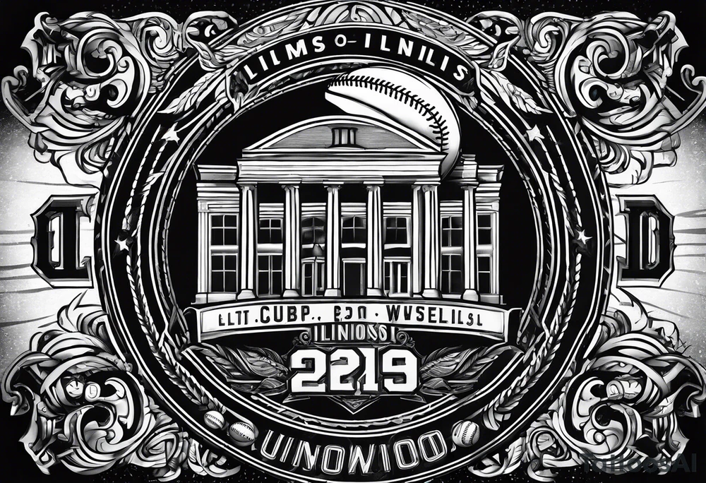 Bicep and shoulder tattoo with theme around the state of Illinois, cubs baseball, and bourbon tattoo idea