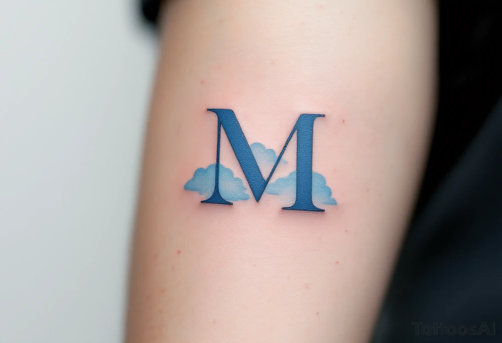 A soft "M" in sky blue with subtle cloud-like shading. tattoo idea
