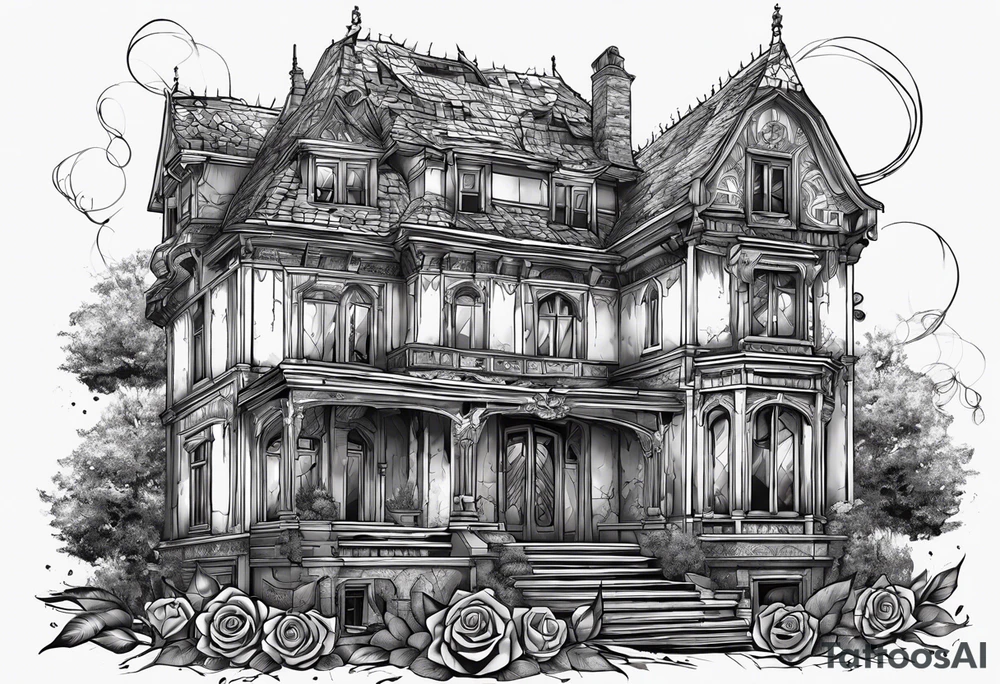 тату рукав, abandoned old gotic house, broken sword, roses, tattoo idea