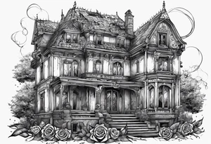 тату рукав, abandoned old gotic house, broken sword, roses, tattoo idea