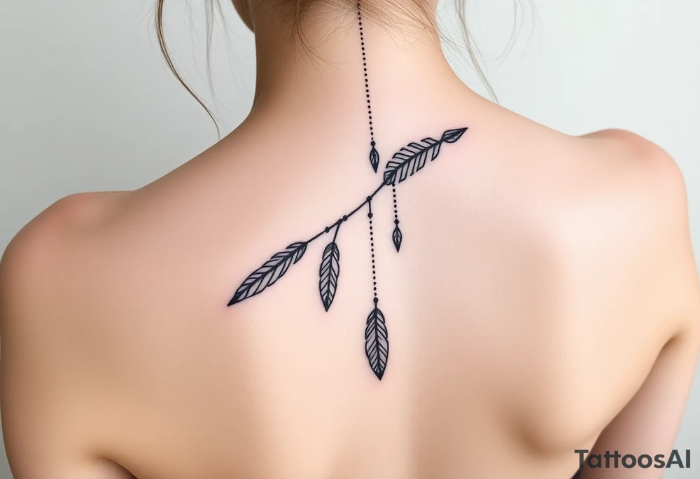 Thin spinal tattoo following down the spine in a native style with multiple different lengths flowing lines made of a discreet connection of morse code ".--- .- --.     .-.. ... -.- .- .-.   -.. .. --.     .-.. .. .-.. .-.. . -... .-. --- .-. forming an arrow connected to flowing feathers hanging from the morse code lines tattoo idea
