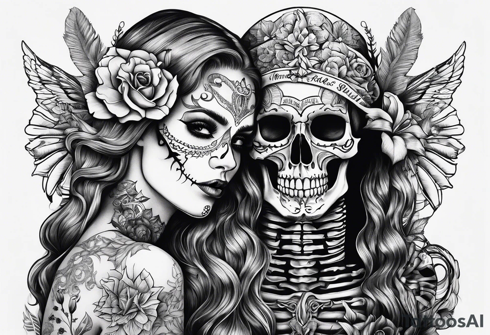 A skeleton and woman together With a quote tattoo idea