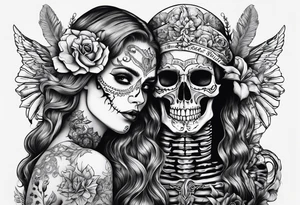 A skeleton and woman together With a quote tattoo idea