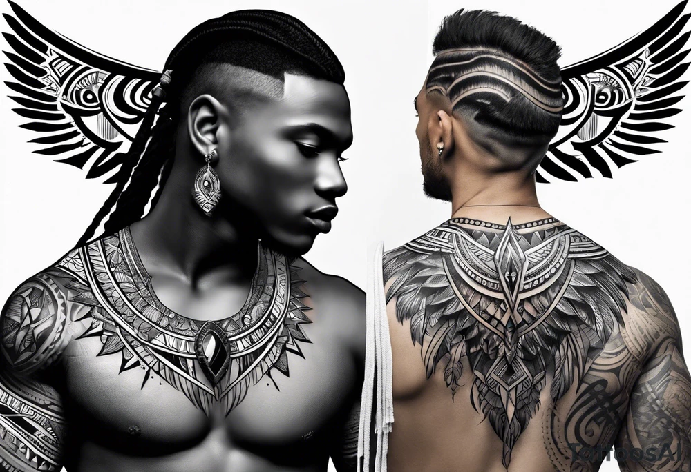 African tribal tattoo from left pec to left deltoid with wing on collarbone tattoo idea