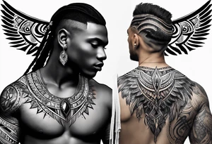 African tribal tattoo from left pec to left deltoid with wing on collarbone tattoo idea