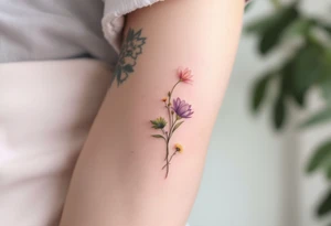 Small Stargazer lillies pale pink with no outline 
with small yellow sunflowers and sunflower buds and pale purple tulip buds in a dainty wildflower bouquet with light green stems. Low detail. tattoo idea