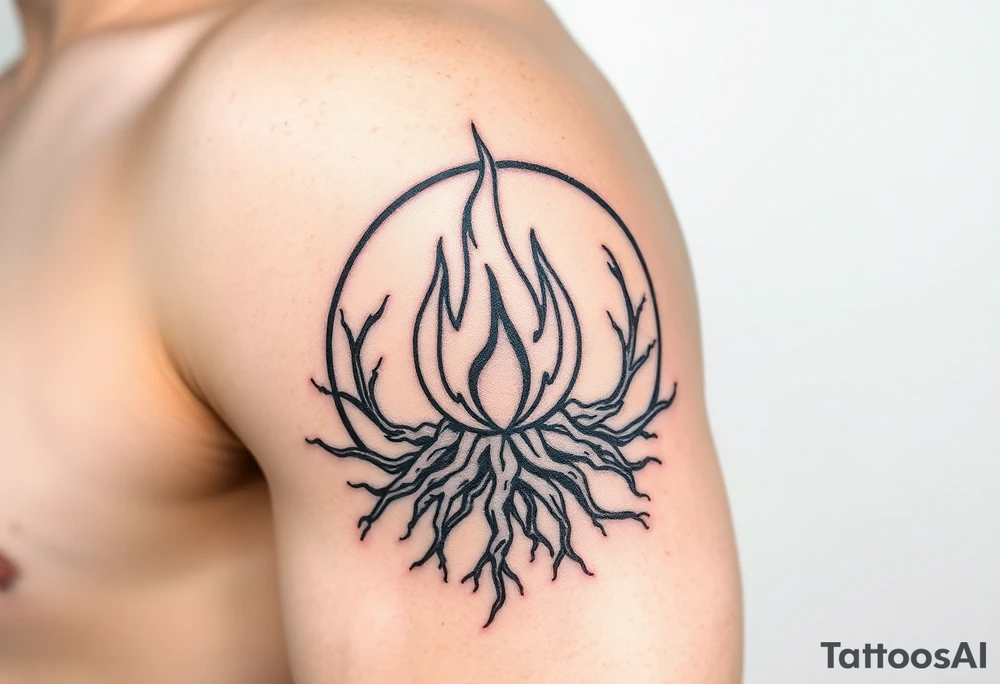 a round flame imprisoned in a roots circle tattoo idea