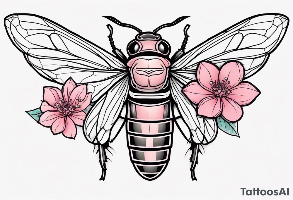 Neo traditional Cicada and pink flower tattoo idea