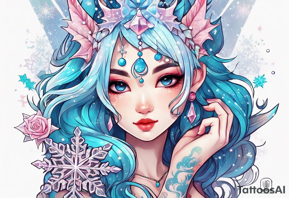 Constellation, kawaii dragon girl , snowflake tattoo idea