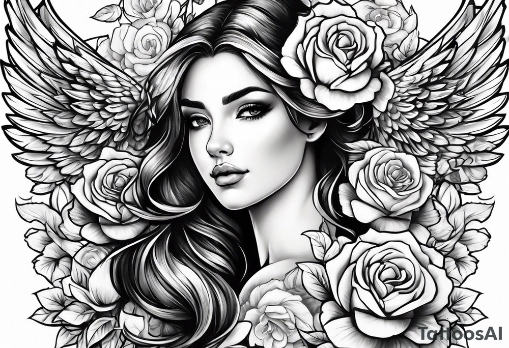 Beautiful woman angle with wings standing surrounded by roses tattoo idea