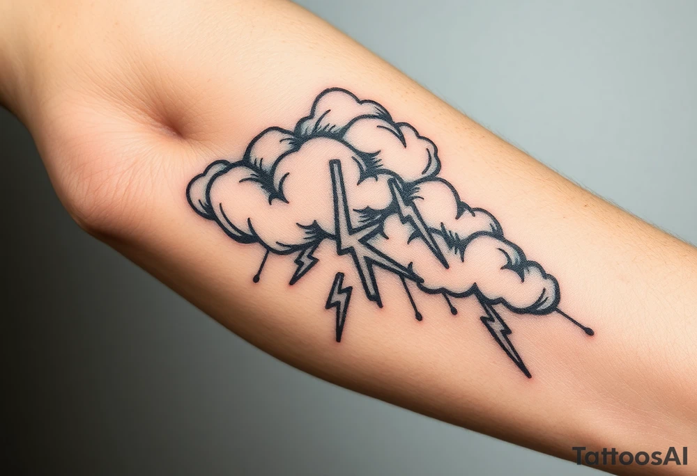 Black & gray storm clouds with rain & lightning bolts tattoo idea