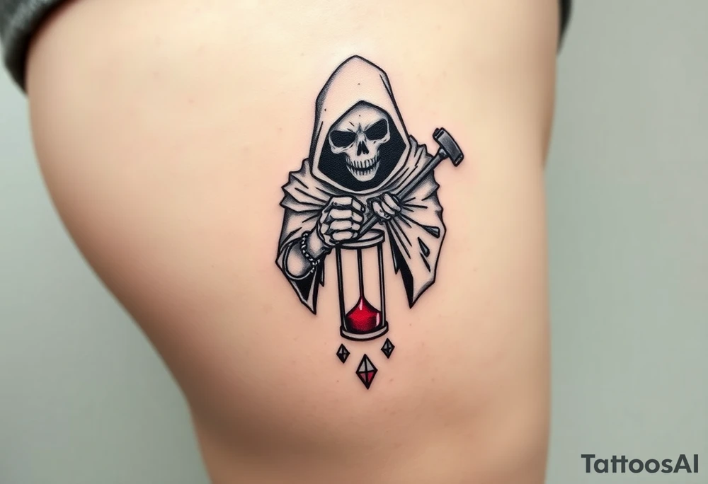 Simple grim reaper looking at a watch on his wrist with a hourglass with red sand and diamond geometric shapes for the thigh tattoo idea