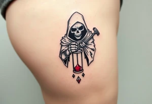 Simple grim reaper looking at a watch on his wrist with a hourglass with red sand and diamond geometric shapes for the thigh tattoo idea