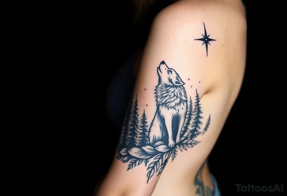 Lone wolf howling at the moon in the forest in the night Columba star tattoo idea