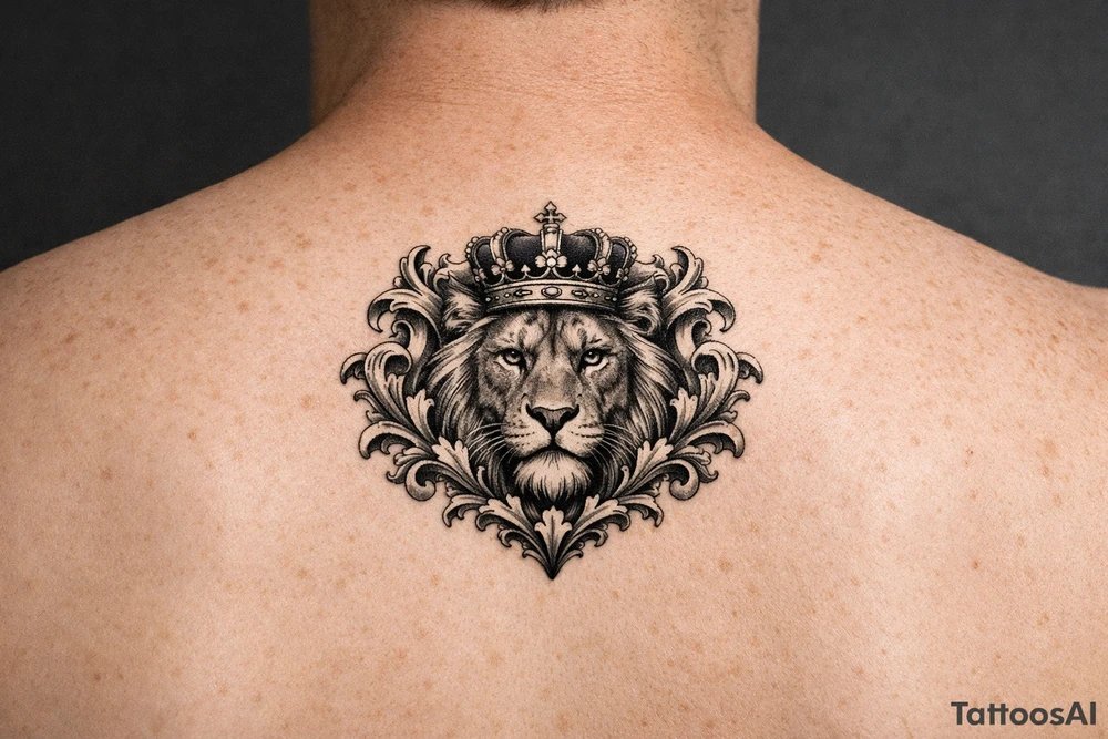 powerful majestic lion with a crown, framed by ornate floral scrollwork tattoo idea