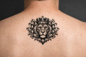 powerful majestic lion with a crown, framed by ornate floral scrollwork tattoo idea
