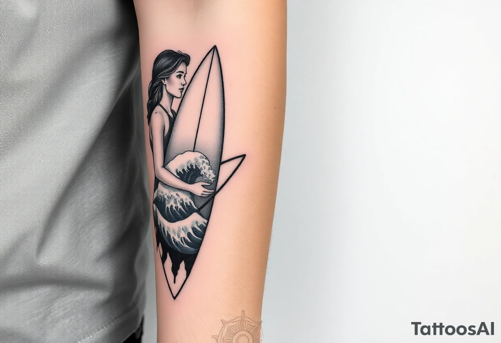 New school geometrical concept tattoo with the girl holding surfboard in a vertical position her face is turned 60 degrees to out side, the bottom part of a body is showed, on the right side of a tattoo is the realistic wave closed in a frame. And the bottom of a taro is a palenesiab sun. Link the objects based on new school geometry tattoos. tattoo idea