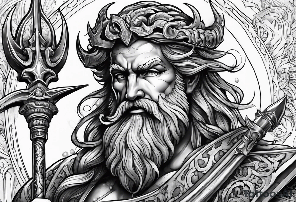 poseidon with mechanic trident and mechanic arm tattoo idea