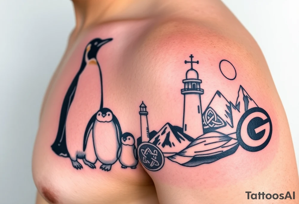 half sleeve compilation outlining important things in my life such as one adult emperor penguin and 3 baby penguins, celtic trinity knot, lighthouse, mountains/nature, the green bay packers, and something to represent my 3 boys tattoo idea