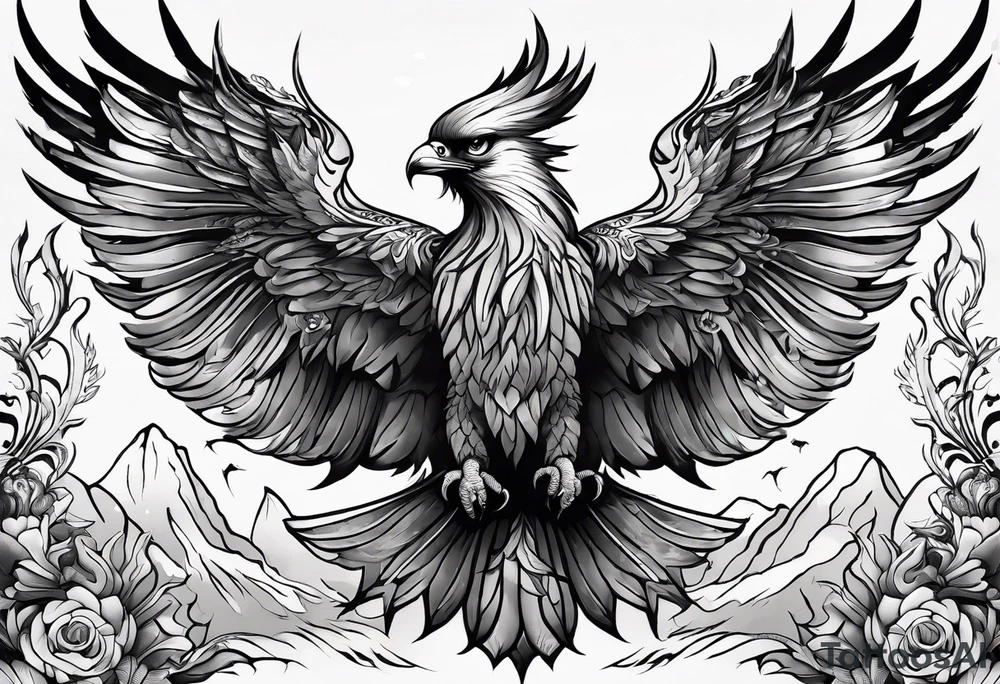 Phoenix with Raven and Tiger on left side and deer and owl on right tattoo idea