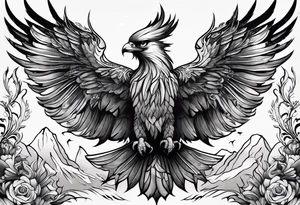 Phoenix with Raven and Tiger on left side and deer and owl on right tattoo idea