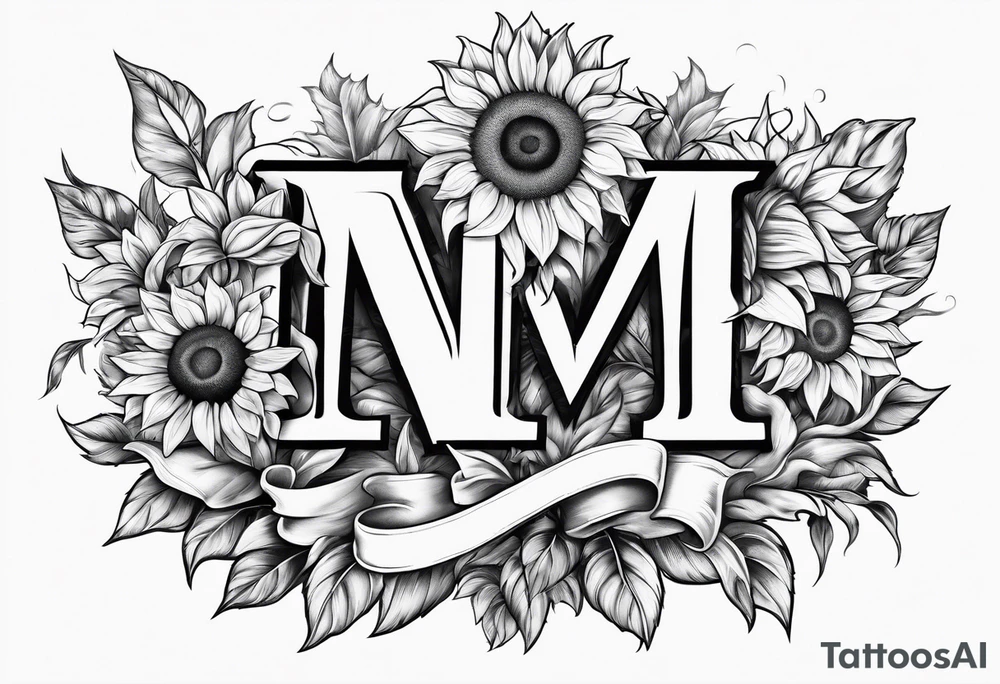 A bouquet of sunflowers and roses with the letter M tattoo idea