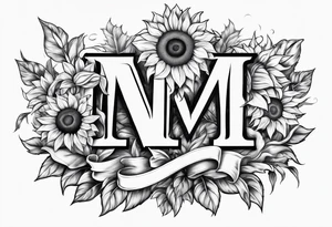 A bouquet of sunflowers and roses with the letter M tattoo idea