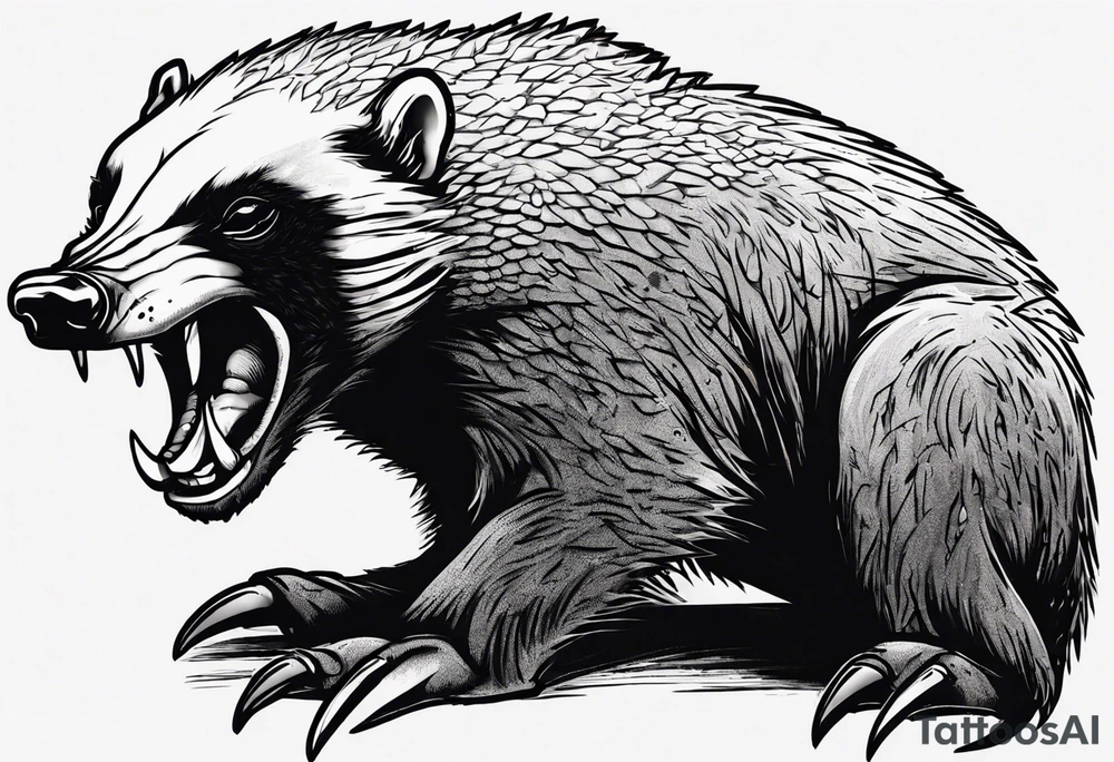 Angry, snarling, detailed honey badger facing in front tattoo idea