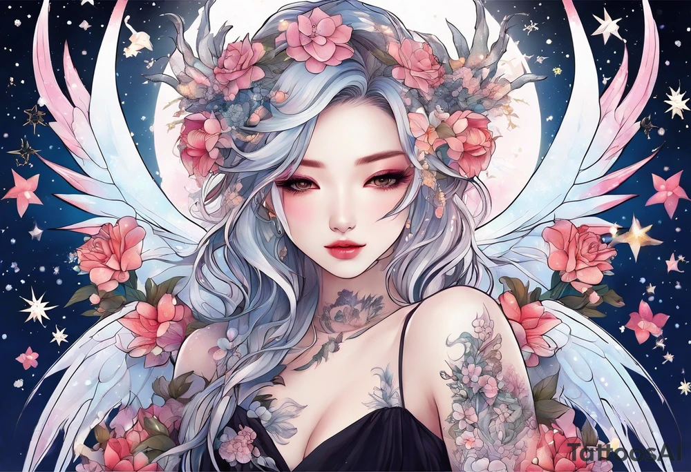 Constellation, wing , snow , cross , dragon female japan kawaii , flower tattoo idea