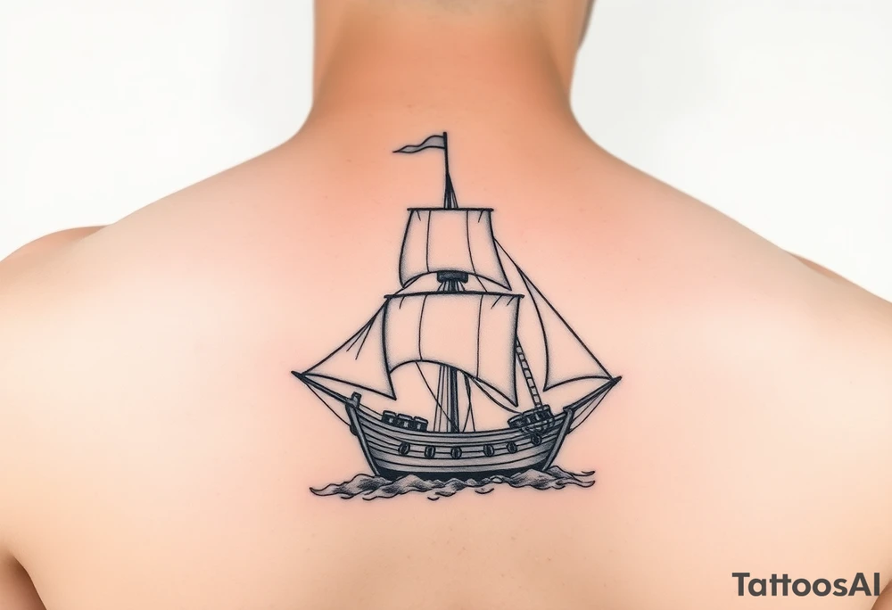 bland and white detailed linework drawing of Spaniard ship sailing for forearm tattoo idea