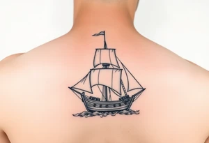 bland and white detailed linework drawing of Spaniard ship sailing for forearm tattoo idea