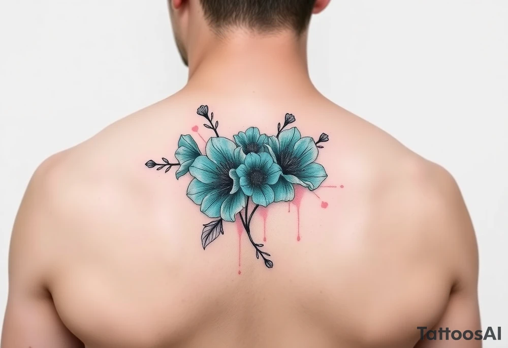 Turquoise colored mimosa flowers as a filler for an arm sleeve tattoo idea