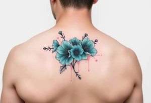 Turquoise colored mimosa flowers as a filler for an arm sleeve tattoo idea
