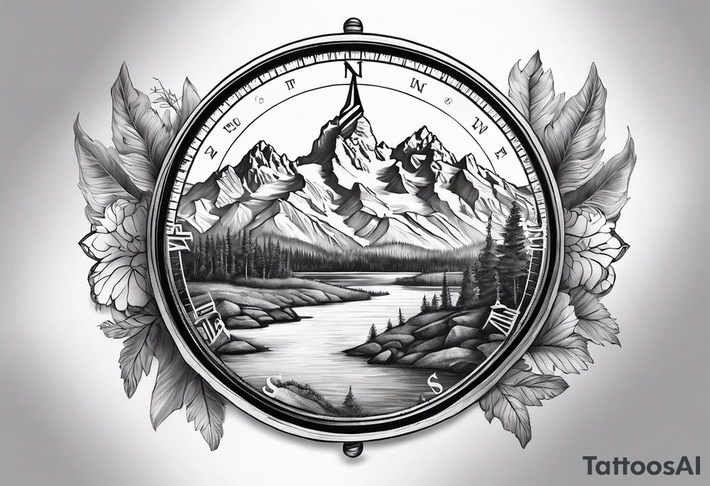 compass sleeve with grand Tetons in the middle tattoo idea