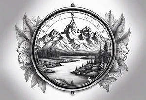 compass sleeve with grand Tetons in the middle tattoo idea