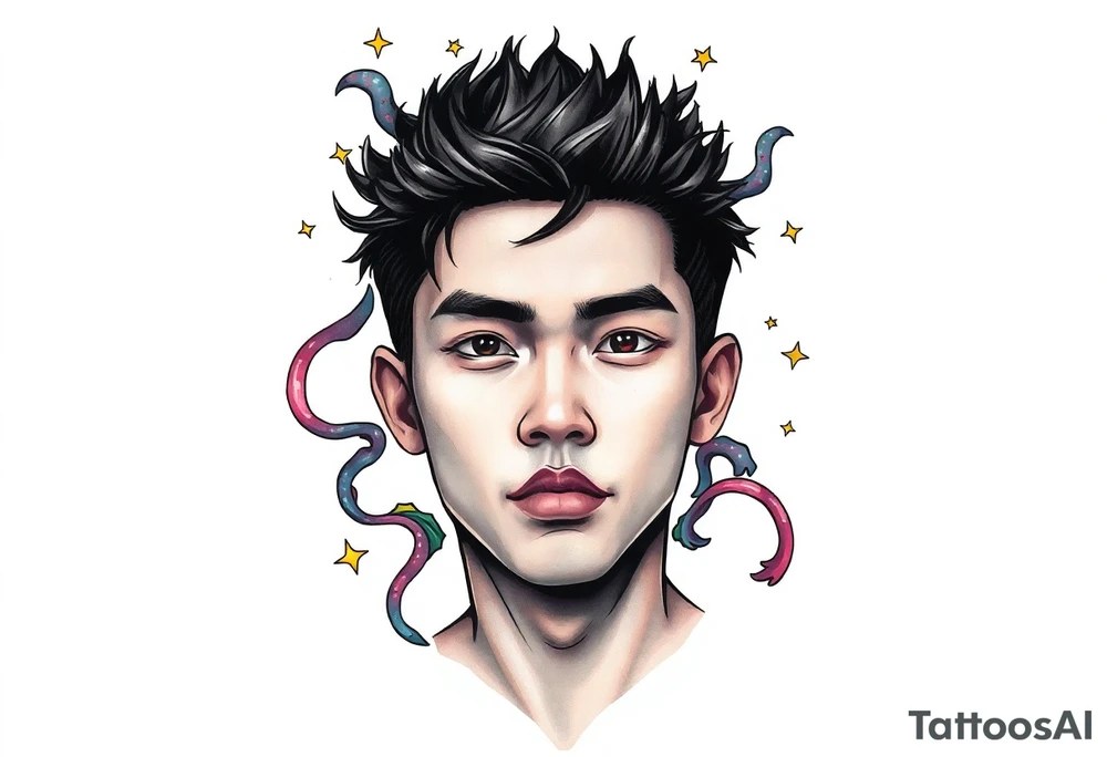 Handsome Asian young guy is under the spell tattoo idea