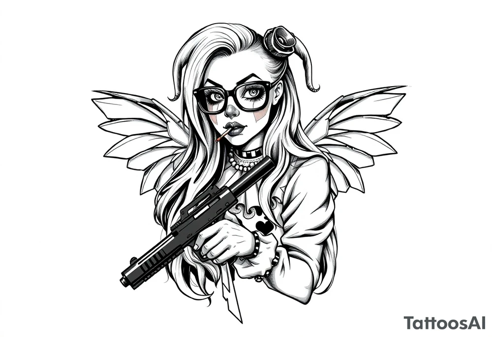 beautiful long hair Clown Girl thug eyeglasses fairy wings smoking a cigarette holding a gun tattoo idea
