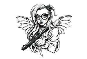 beautiful long hair Clown Girl thug eyeglasses  fairy wings smoking a cigarette holding a gun tattoo idea