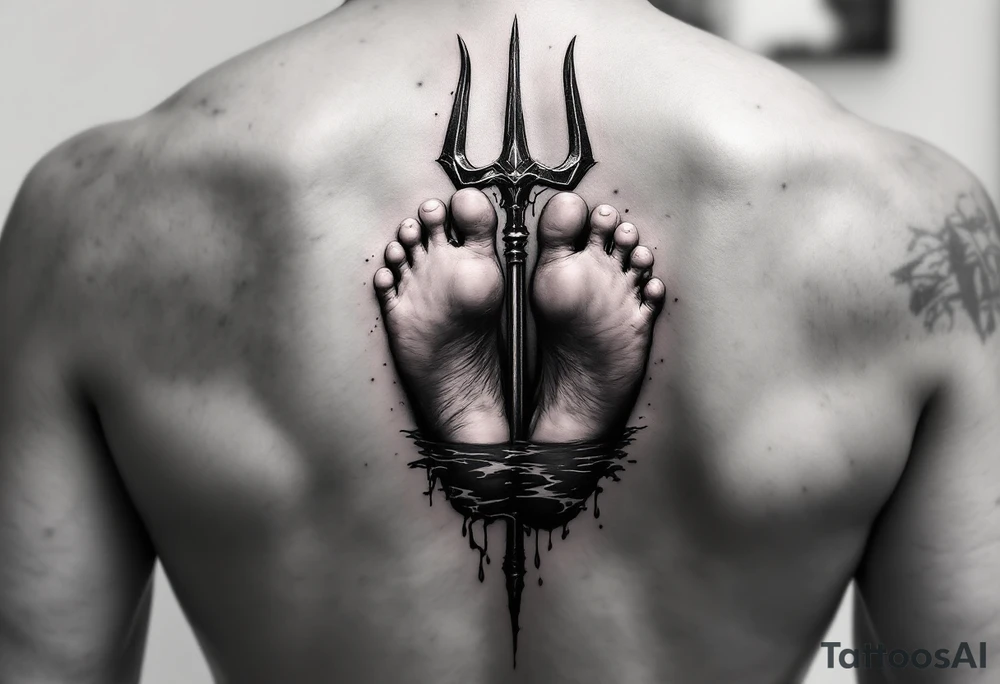 barefeet behind trident with water tattoo idea