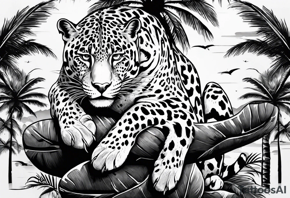 jaguar laying on palm tree tattoo idea