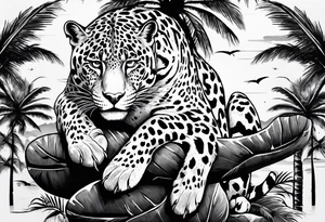 jaguar laying on palm tree tattoo idea