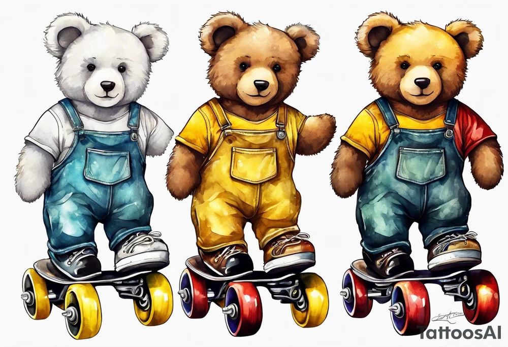 a teddy bear in roller skates and yellow overalls tattoo idea
